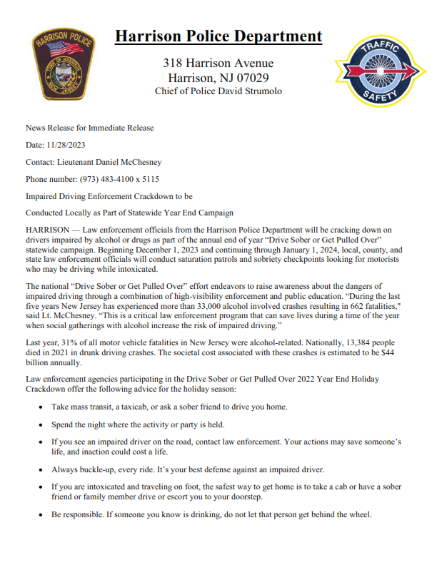 2023 Harrison Police Dept Press Release Drive Sober or Get Pulled Over